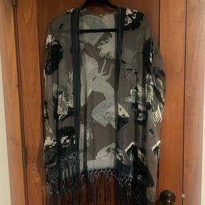 Gorgeous kimono like cover-up. Slate blue burnout velvet with silky fringe.